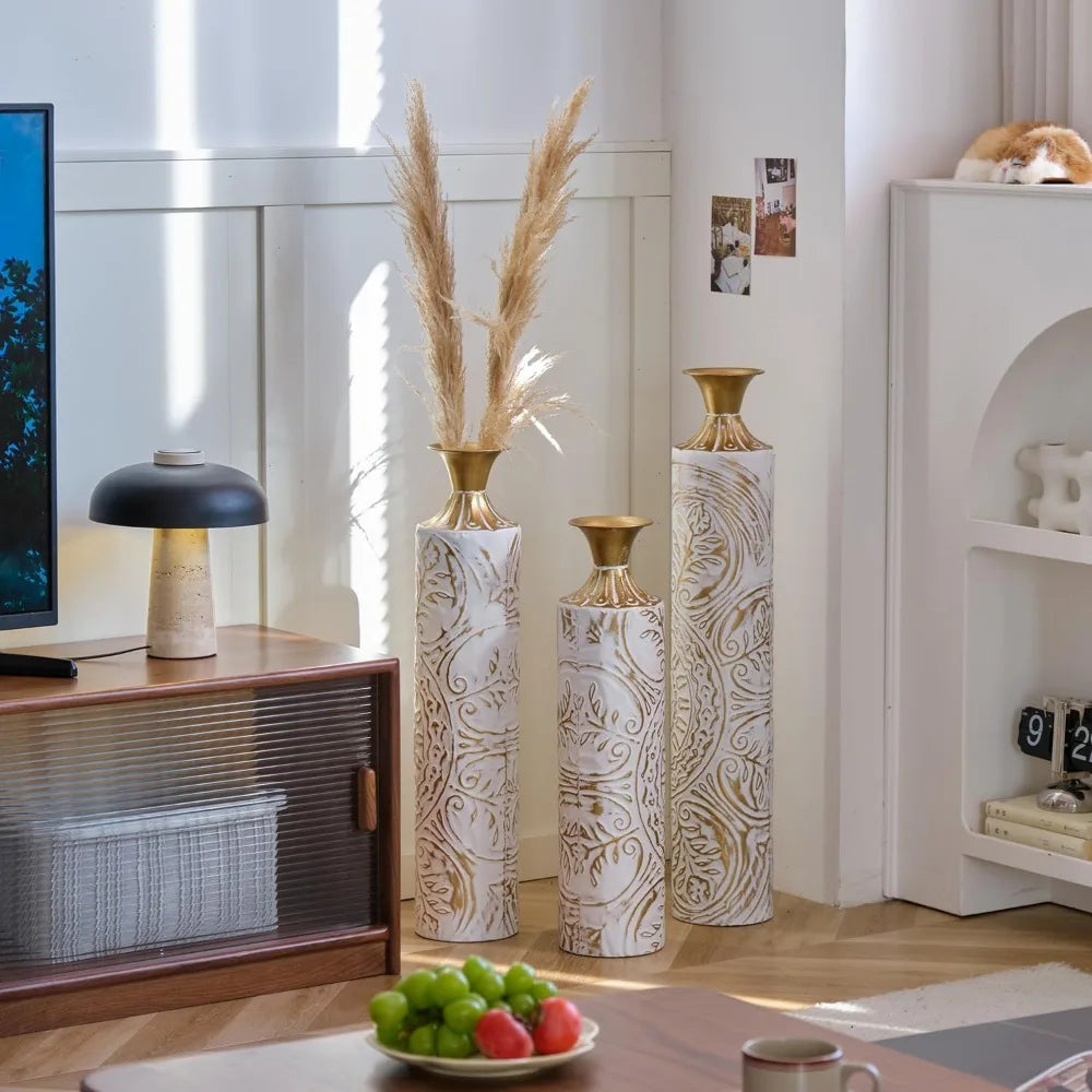 Set Of 3 Metal Vases With Briolette Accent Details