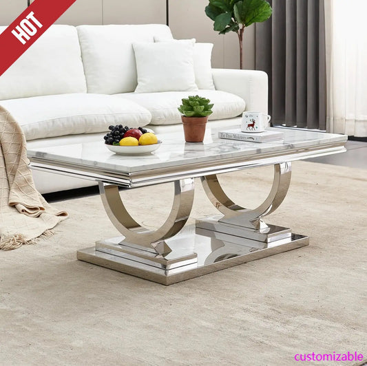 NEW 47" Coffee Table with White Marble Top, Modern Rectangular Faux Marble Coffee Table, Luxury White Cocktail Center Table
