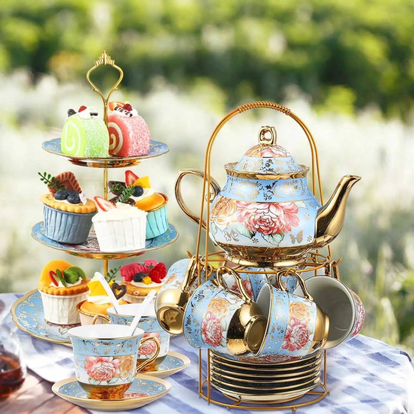 21 Pcs Adults European Floral Tea Set W/ Metal Holder  Tier Ceramic Cake Stand Porcelain  Flower Cup Teapot