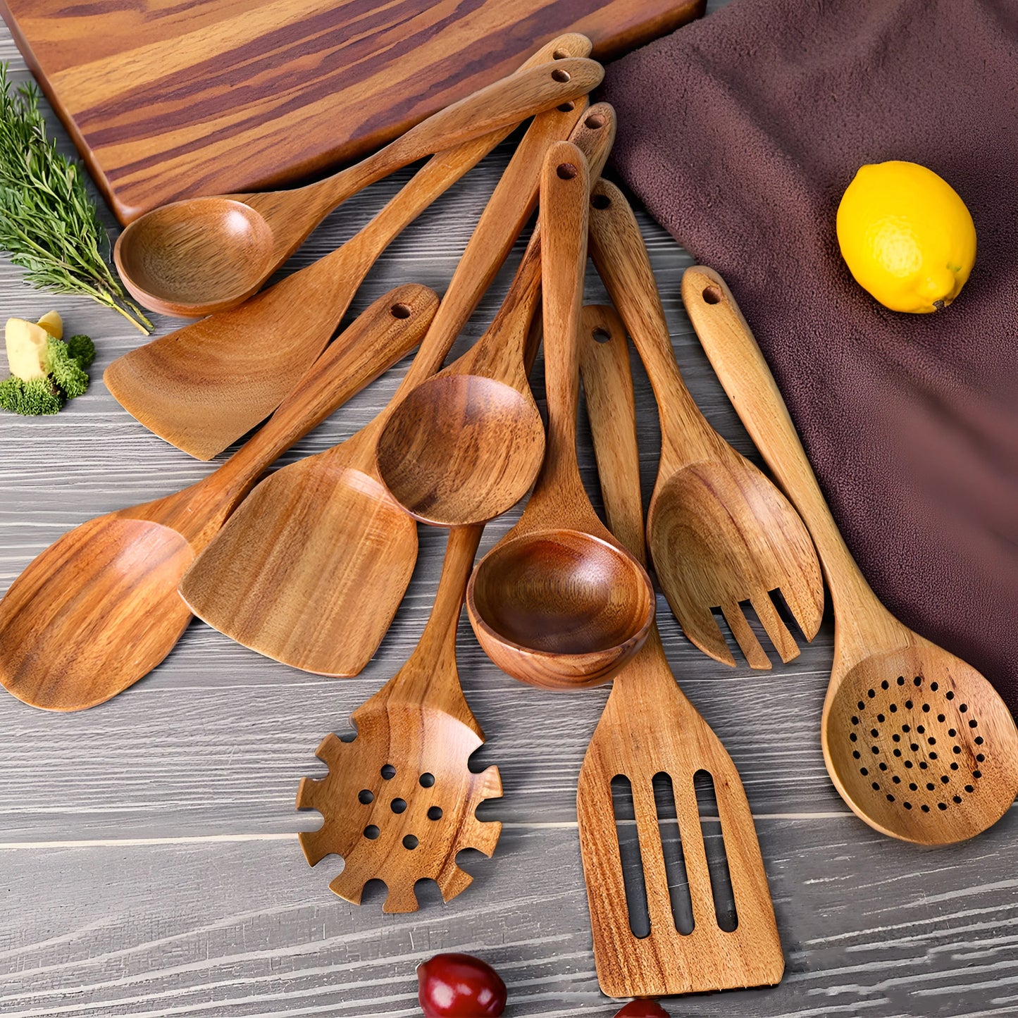 Chuju 10 Piece Solid Wooden Kitchen Utensil Set for Cooking