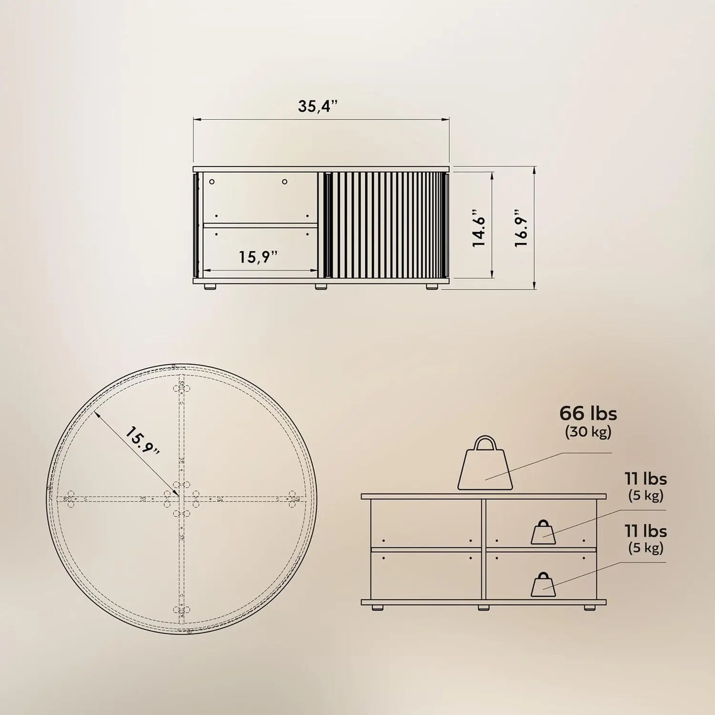 35'' Round Coffee Table with Storage and Shelves - Round Center Table for Living Room and Office. Wood Mid Century Modern Coffe
