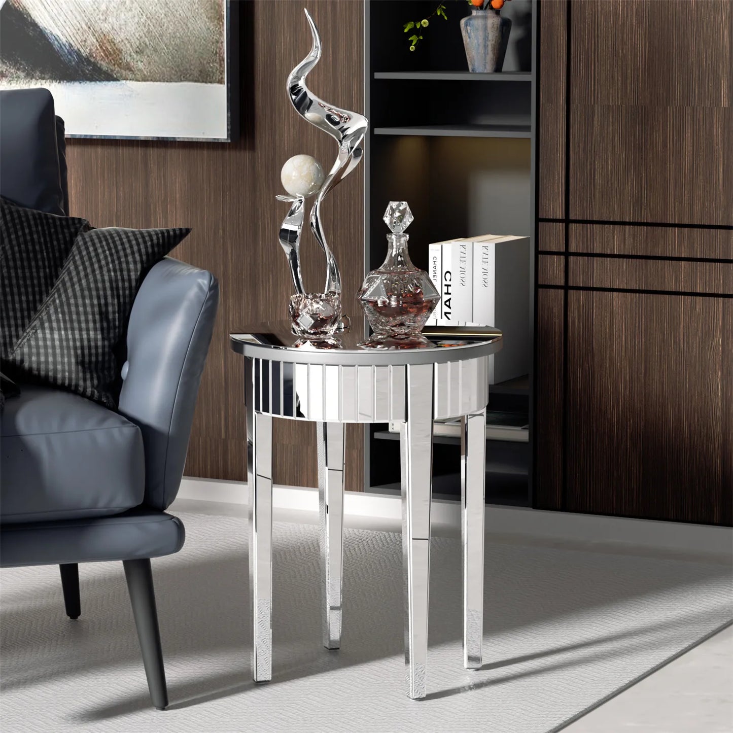 Wisfor Round Mirrored Side Table 2-Tier Storage