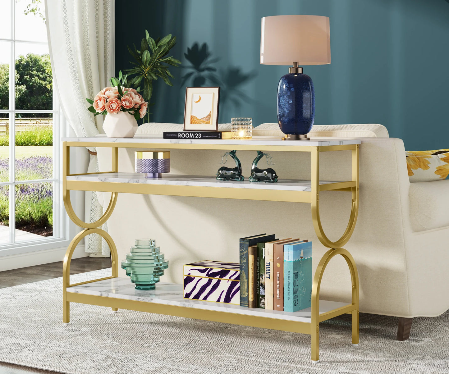 Tribesigns 3-Tier Console Table, 55 inch Sofa Table with Open Storage Shelves, Narrow Long Hallway/Entryway Table
