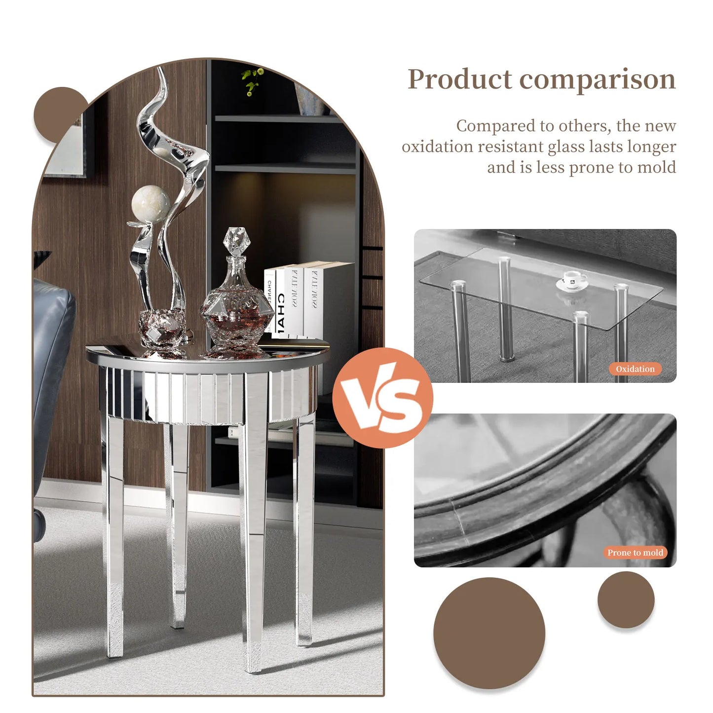 Wisfor Round Mirrored Side Table 2-Tier Storage