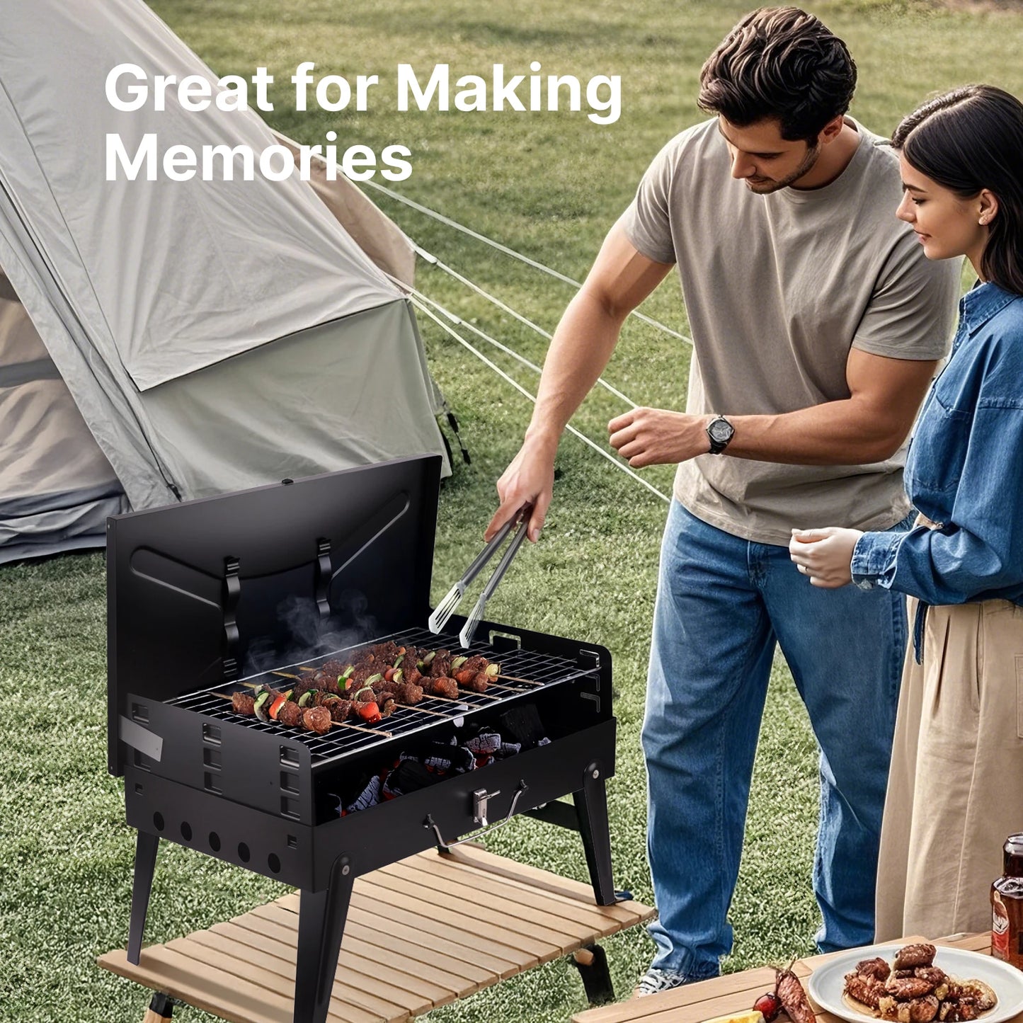 Portable Charcoal Grill, Foldable BBQ Grill with Adjustable Heights, Durable & Compact, Easy to Clean, Perfect for Camping, Tail