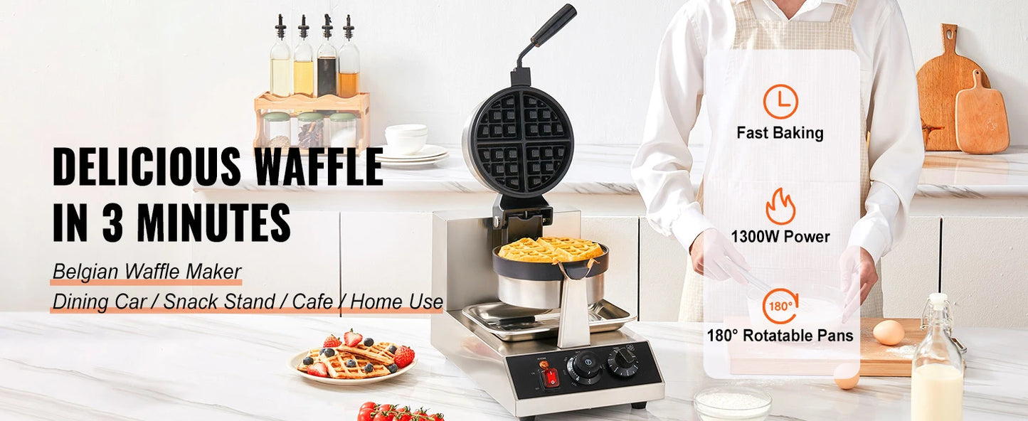 SucceBuy Electric Waffle Maker Stainless Steel Round Waffle Iron Non-Stick Waffle Baker Machine Teflon-Coated Baking Pans