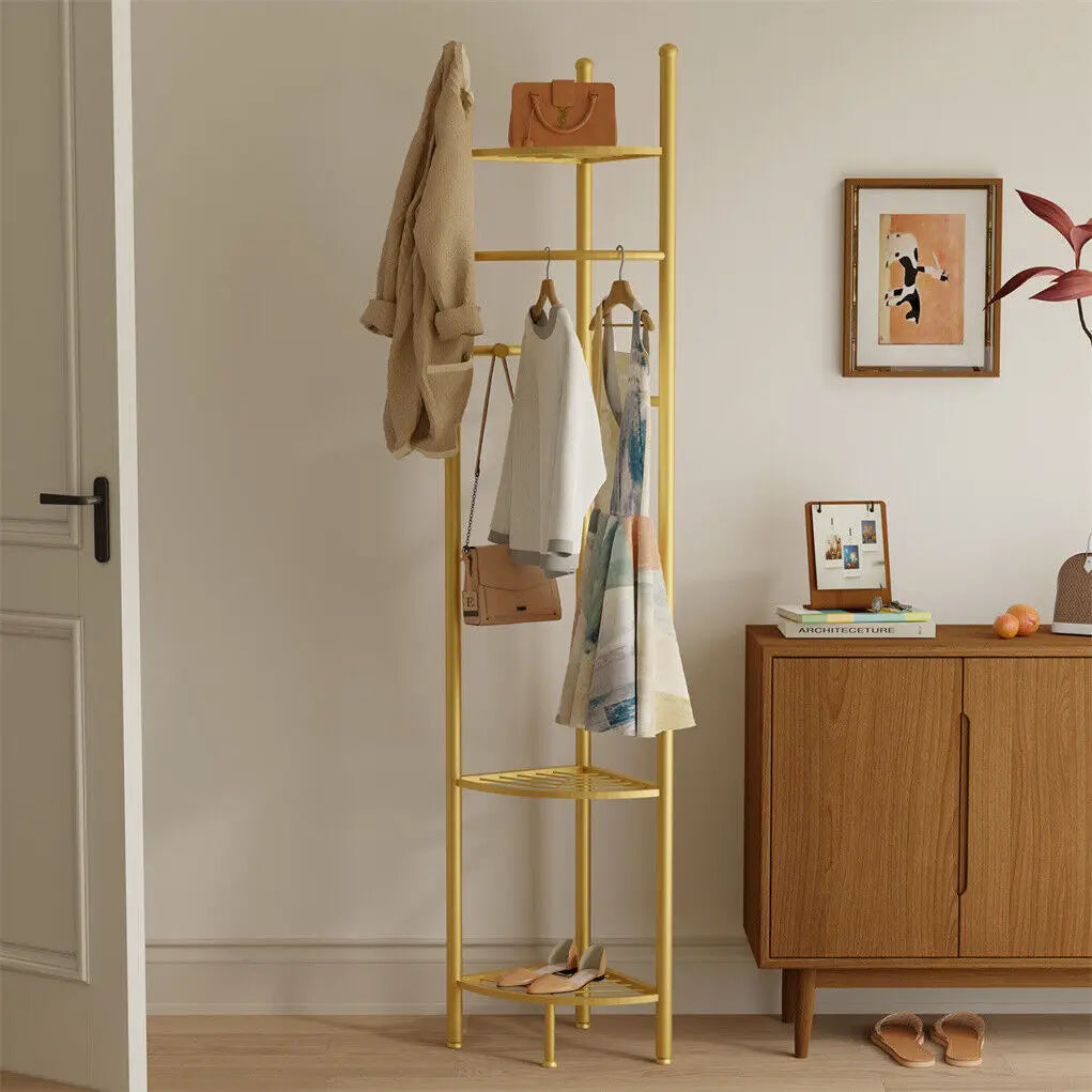 Metal Corner Coat Stand Clothes Rack with Storage Shelf Free Standing Garment Rack Hall Tree