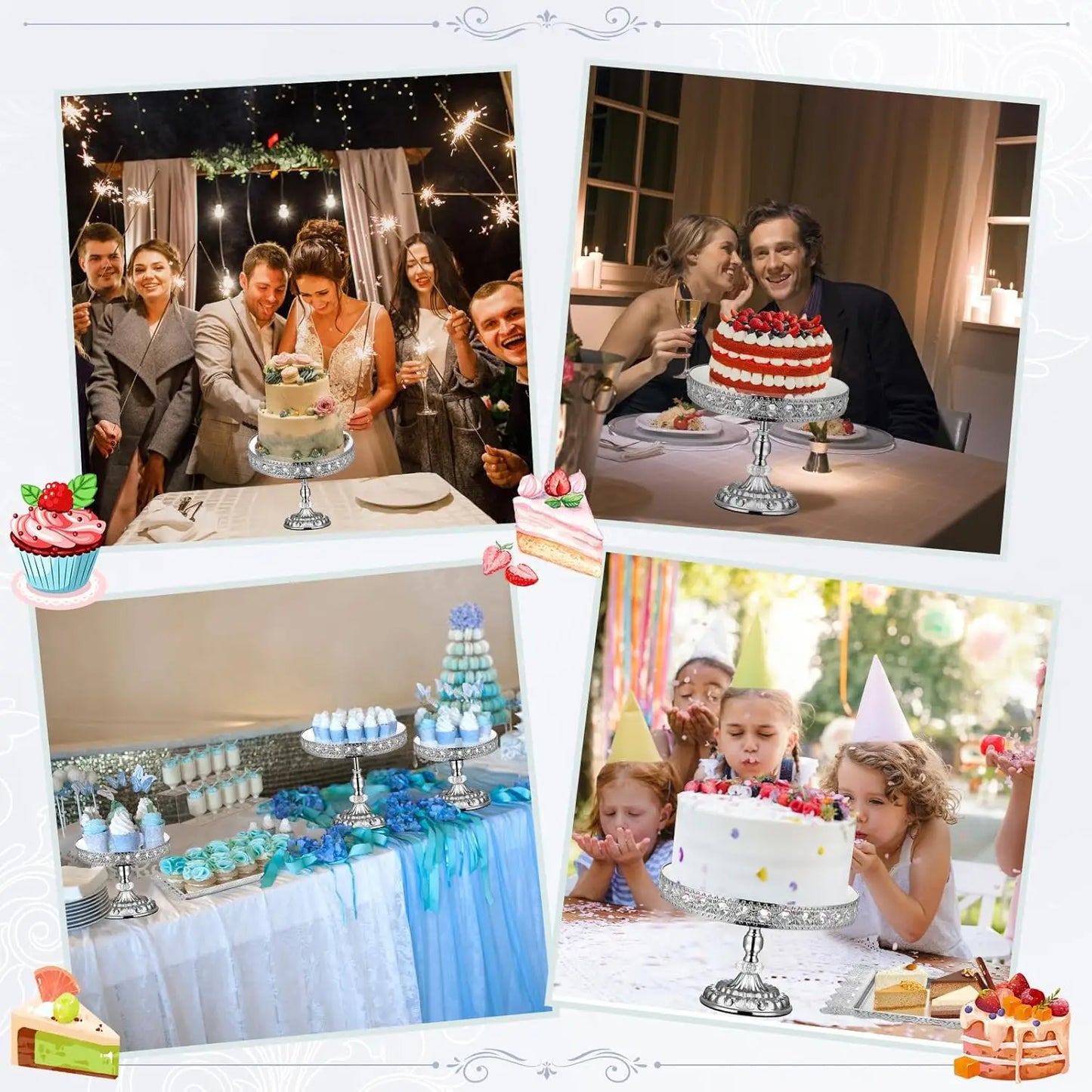 XMSJ 12-Piece Silver Cake Stand Set Vintage Crystal Edge Display