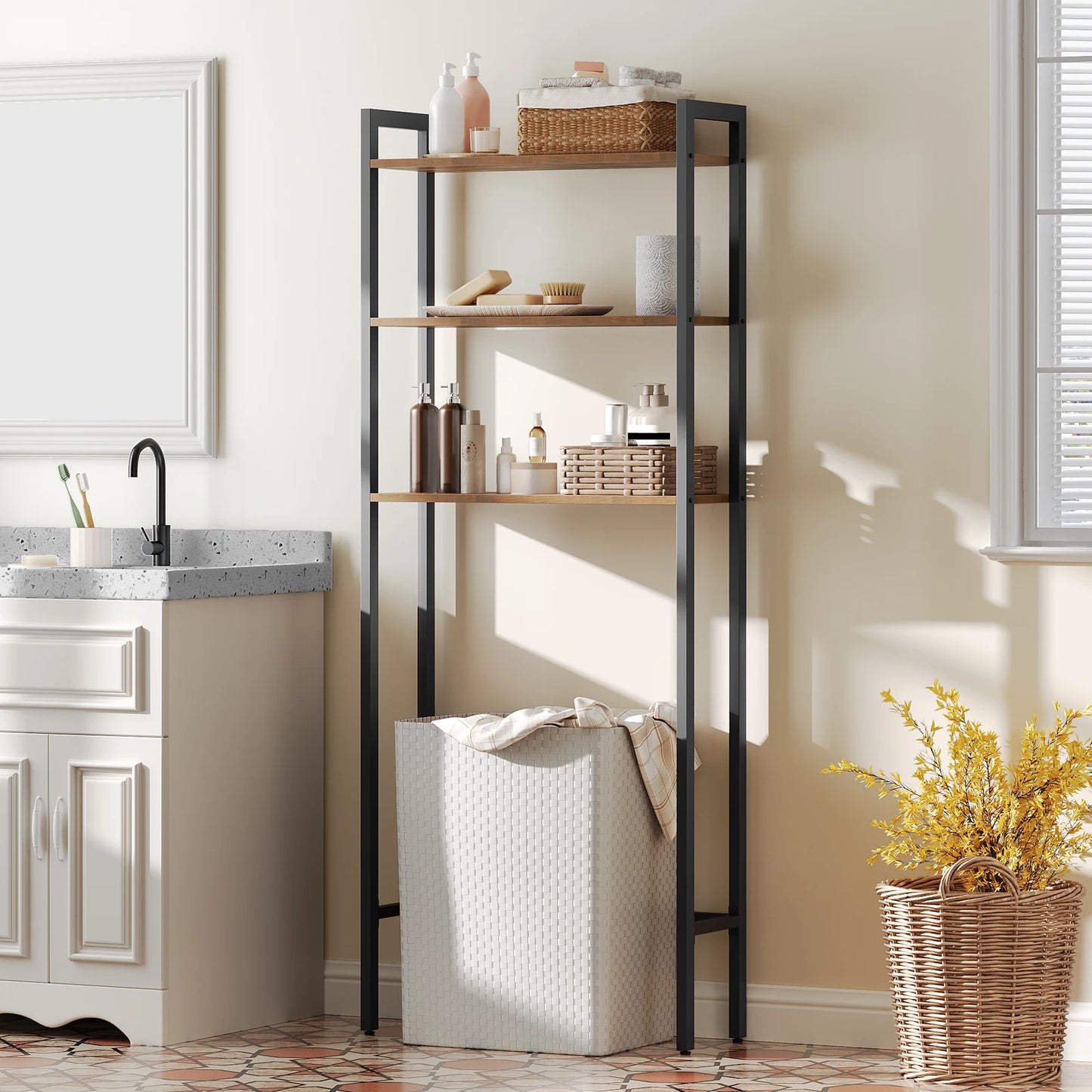 HOOBRO Over The Toilet Storage Rack 3-Tier Industrial Bathroom Organizer Toilet Shelves Space Saver with Multi-Functional Brown