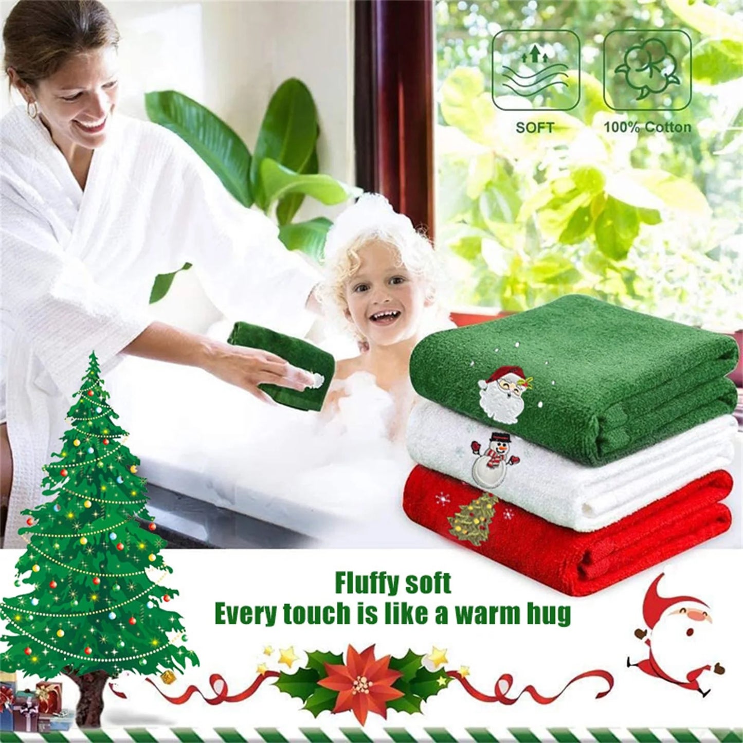 Faroot Christmas Embroidered Bath Towels Set Santa Snowman