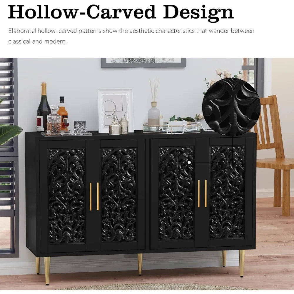 HUANZHUANG Accent Cabinet With 4 Doors Vintage Carved Buffet Storage