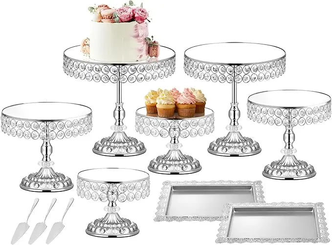 XMSJ 12-Piece Silver Cake Stand Set Vintage Crystal Edge Display