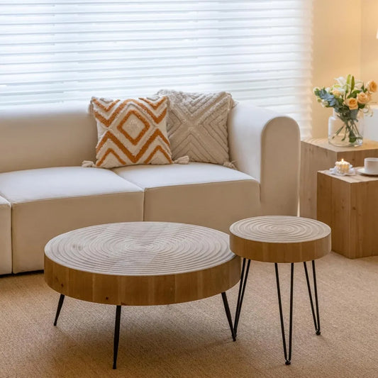 2-Piece Boho Farmhouse Nesting Table with Handcrafted Wood Ring Motif, Round Natural Finish Coffee Table Set for Living Room, F