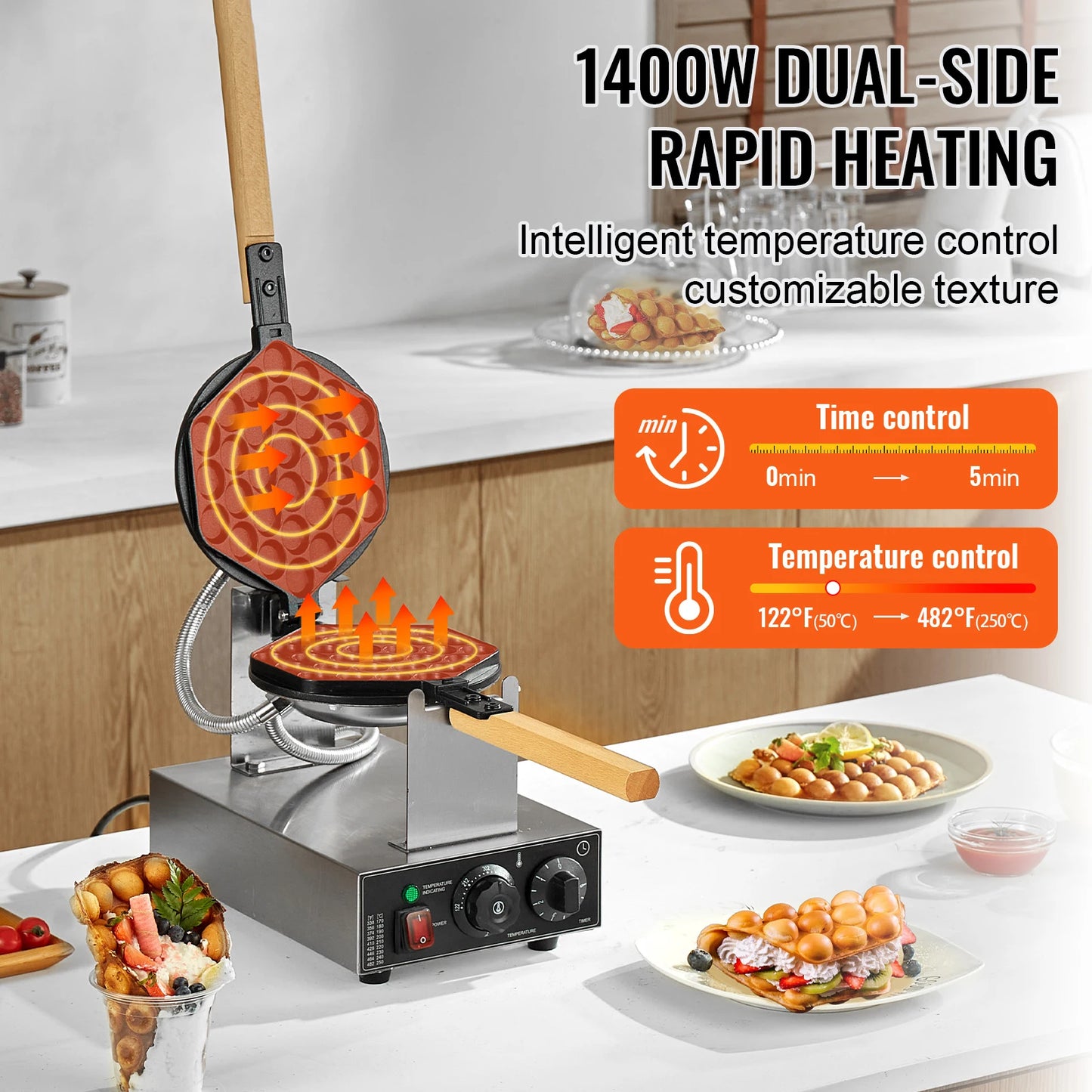VEVOR SucceBuy Egg Bubble Waffle Maker Rotatable Dual Pan