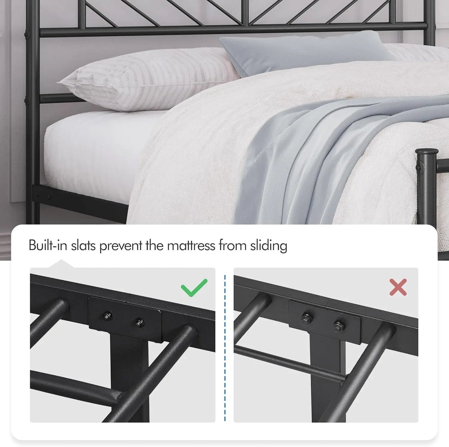 Queen Size Platform Bed Frame with Arrow Headboard, 13 Inch Height, Metal Slats Support, Easy Assembly, Black