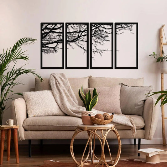 Ohrmbya Metal Wall Art Tree of Life 4 Pieces Tree Sign Interior Decor 4 Panels Wall Hangings Holiday Wall Art Decoration