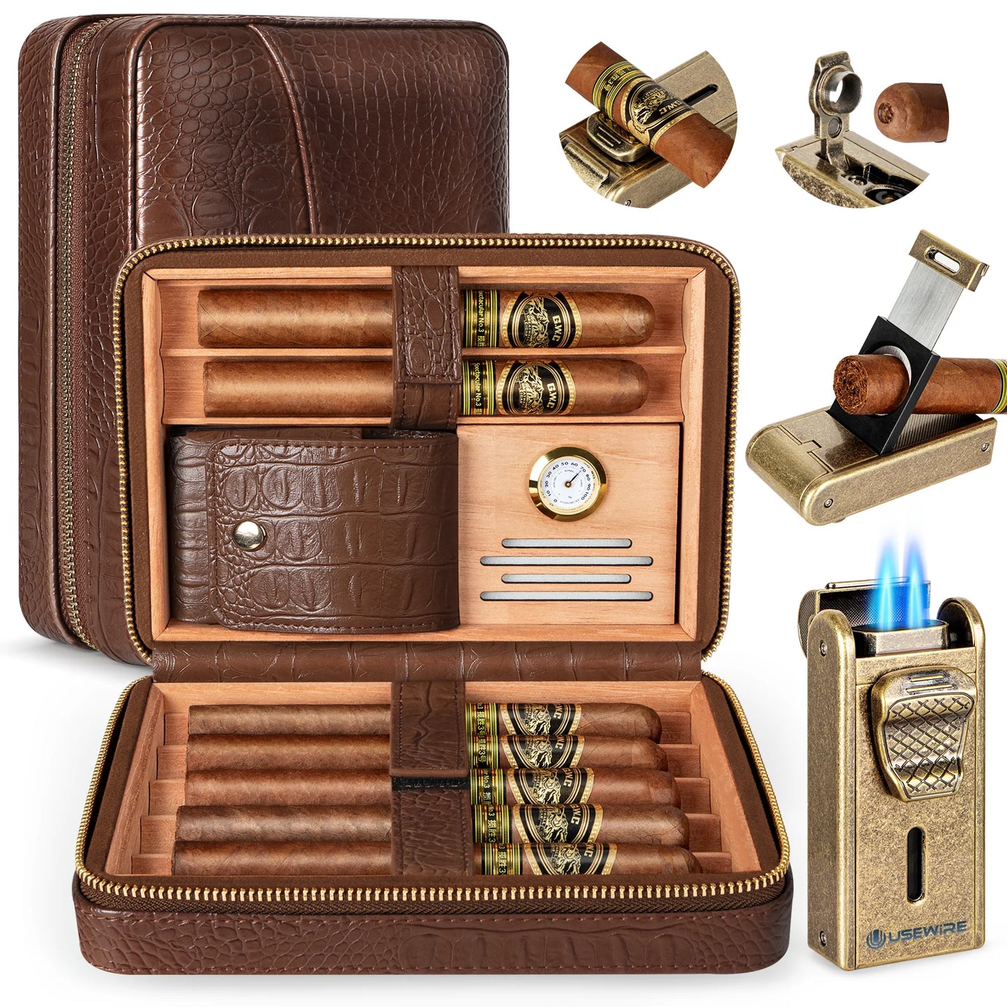 UseWire Leather Cigar Humidor With Lighter Cutter Built In