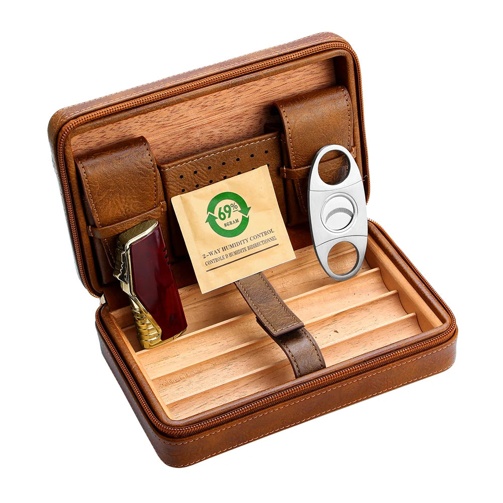 GALINER Cigar Humidor Box Travel Leather Cigar Case Cedar Wood Lined W/wo Lighter Cigar Cutter Humidity Control Pack For Humidor