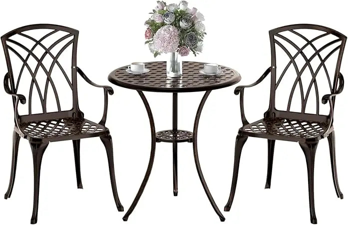 3-Piece Cast Aluminum Outdoor Bistro Set with Umbrella Hole for Balcony, Table and 2 Chairs