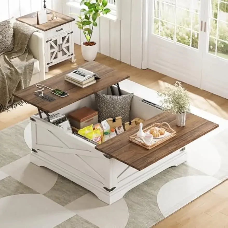 2025-Lift Top Coffee Table with Storage, Square Coffee Table for Living Room with Charging Port