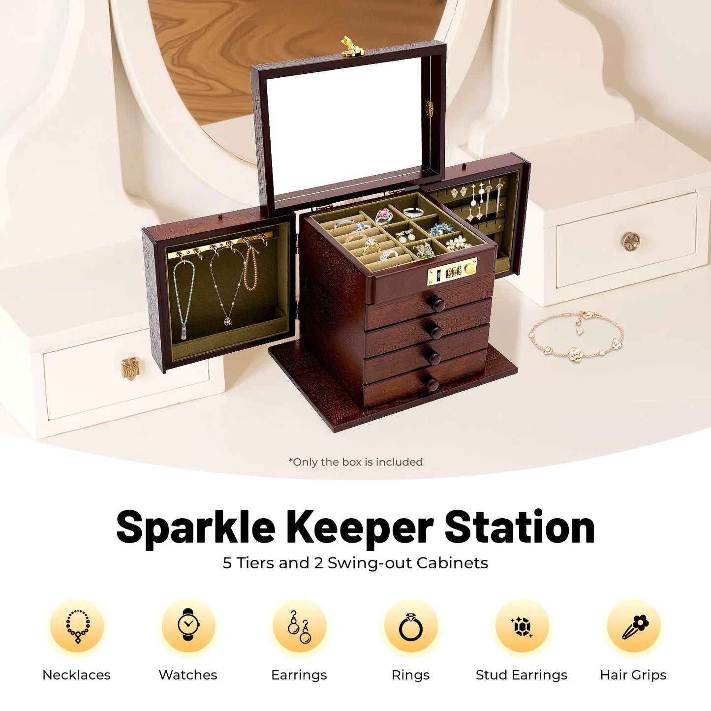 Sichuan 5 Tiers Jewelry Box Organizer With Lock And Mirror