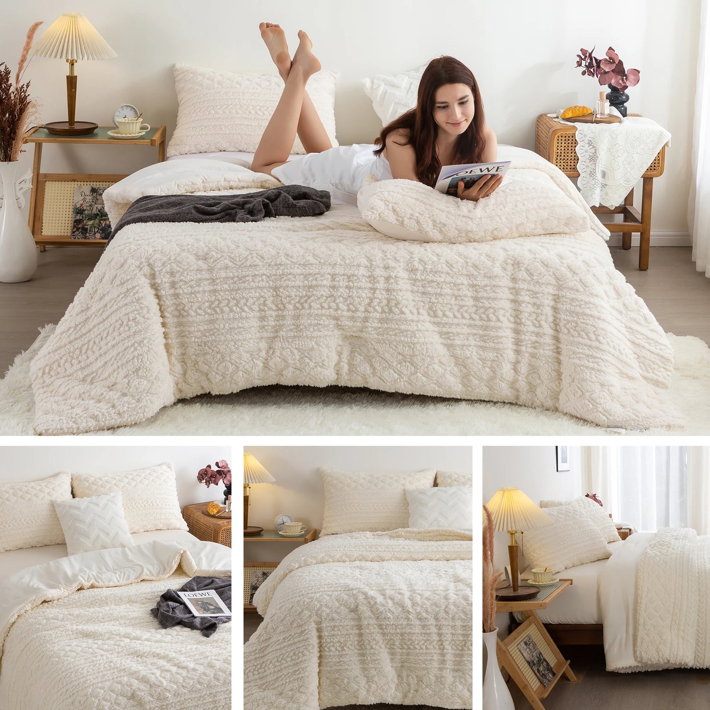 COTTEBED Boho Tufted Plush Fleece Sherpa Comforter Set All Season