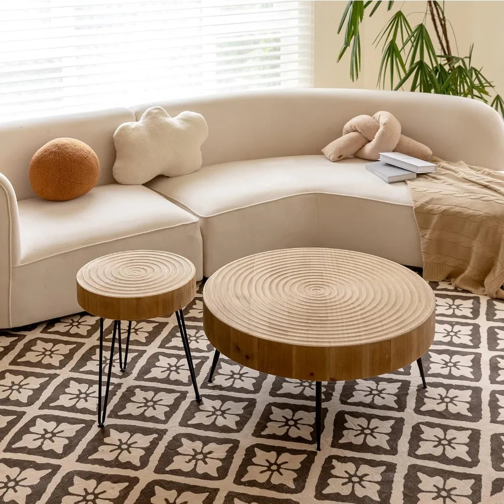 2-Piece Boho Farmhouse Nesting Table with Handcrafted Wood Ring Motif, Round Natural Finish Coffee Table Set for Living Room, F
