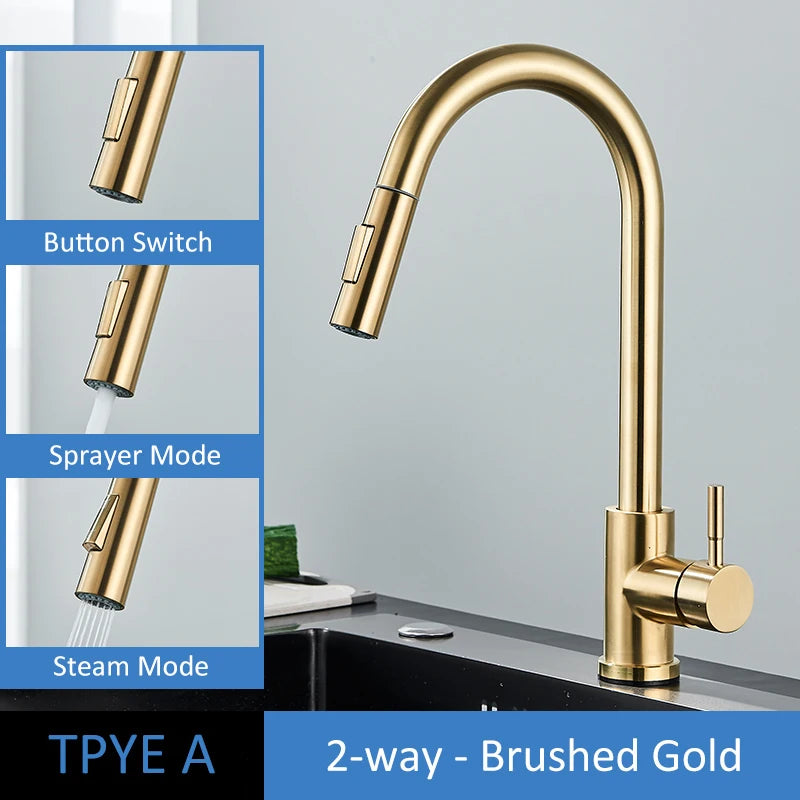 Quyanre Brushed Gold Kitchen Faucet Pull Out Sprayer