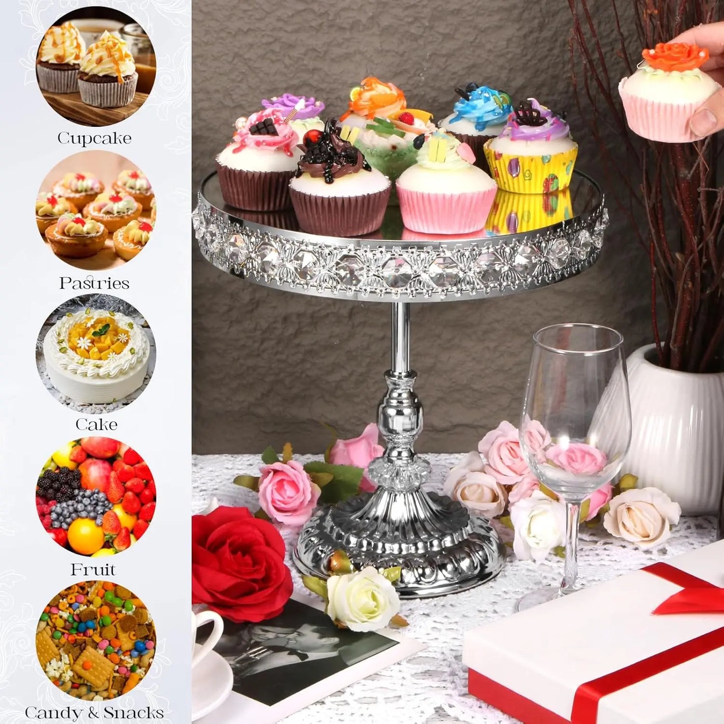 XMSJ 12-Piece Silver Cake Stand Set Vintage Crystal Edge Display