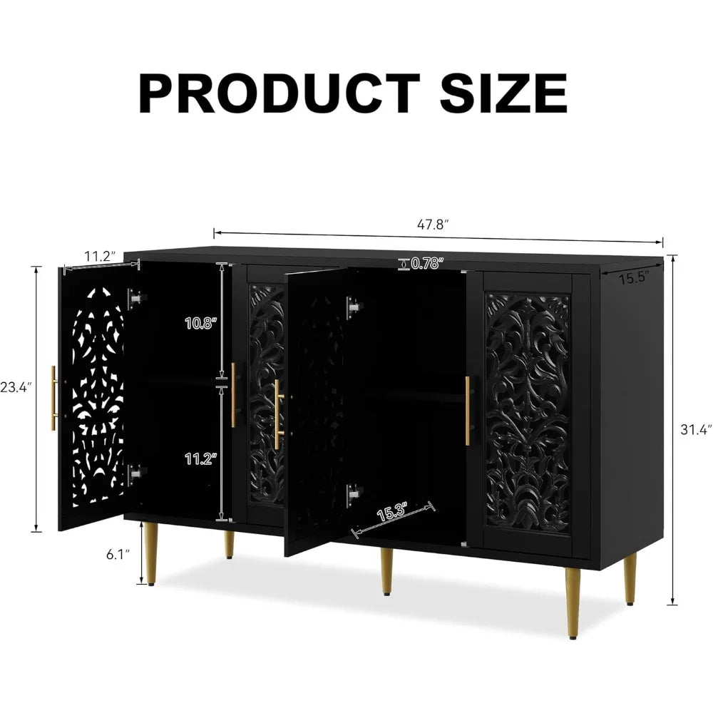 HUANZHUANG Accent Cabinet With 4 Doors Vintage Carved Buffet Storage