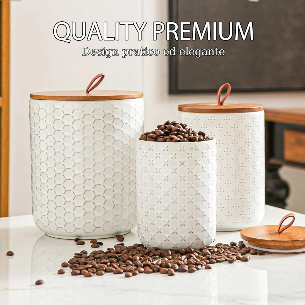 Ceramic Canister Set With Wooden Lids Airtight Food Jars