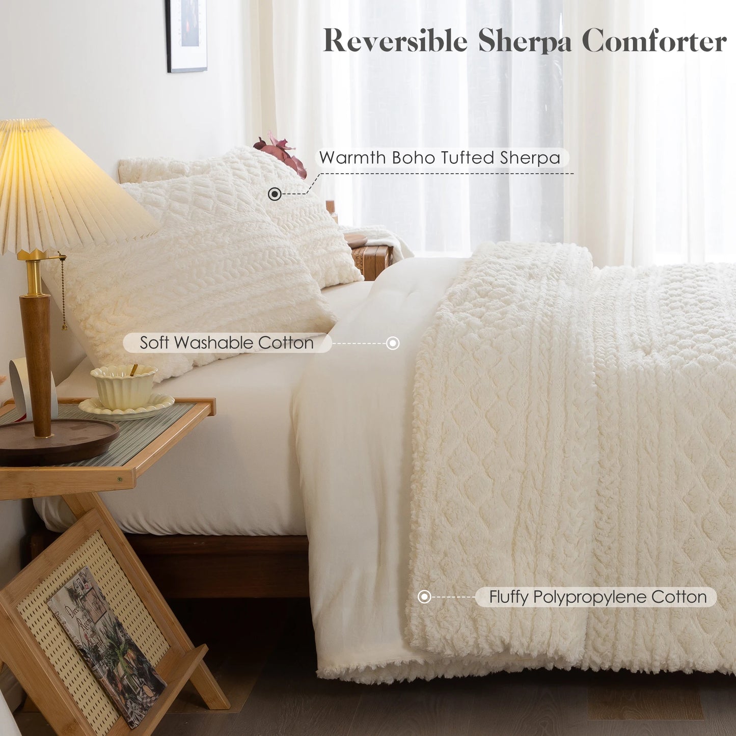 COTTEBED Boho Tufted Plush Fleece Sherpa Comforter Set All Season