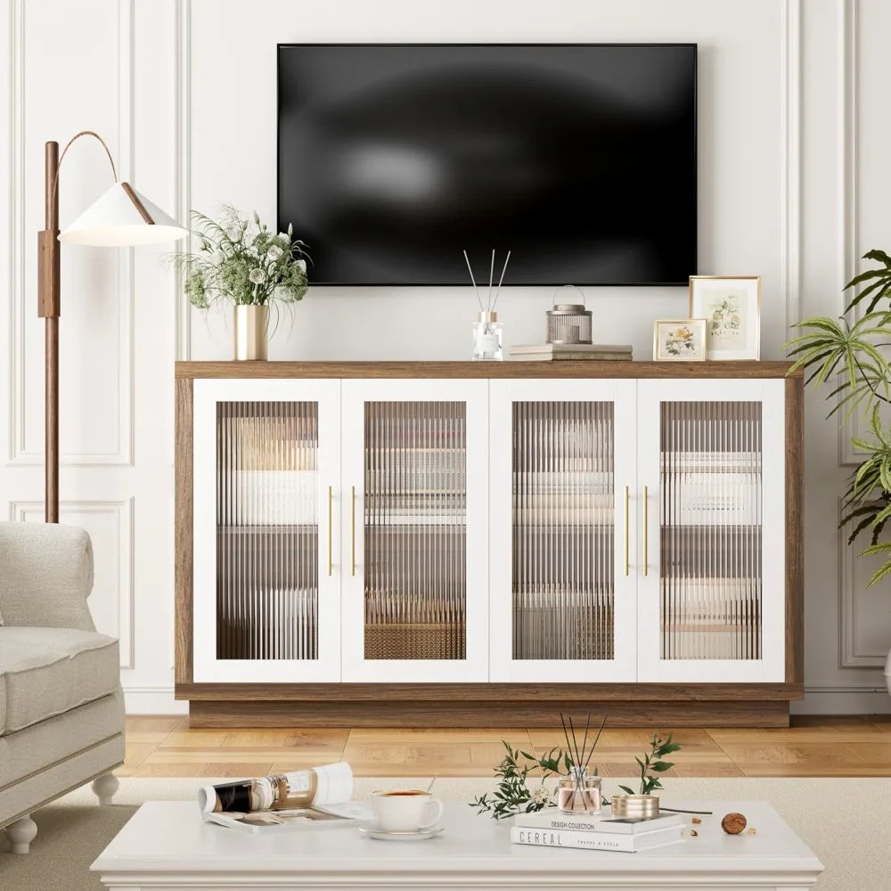 Buffet Cabinet with Storage, 55.1" Large Sideboard Buffet Cabinet, Modern Sideboard Kitchen Cabinet with 4 Fluted Glass Doors