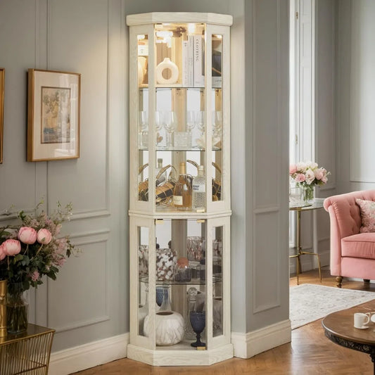 Corner Curio Cabinet Lighted Glass With Tempered Doors