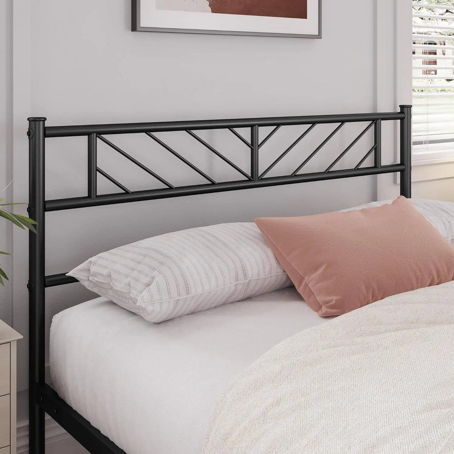 Queen Size Platform Bed Frame with Arrow Headboard, 13 Inch Height, Metal Slats Support, Easy Assembly, Black