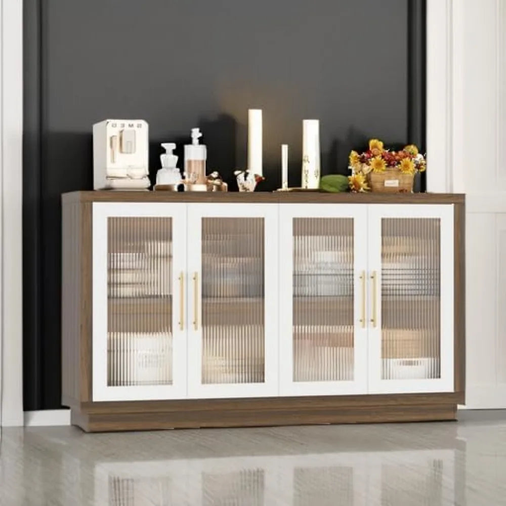 Buffet Cabinet with Storage, 55.1" Large Sideboard Buffet Cabinet, Modern Sideboard Kitchen Cabinet with 4 Fluted Glass Doors
