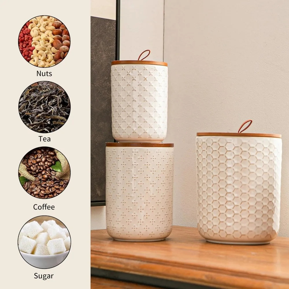 Ceramic Canister Set With Wooden Lids Airtight Food Jars