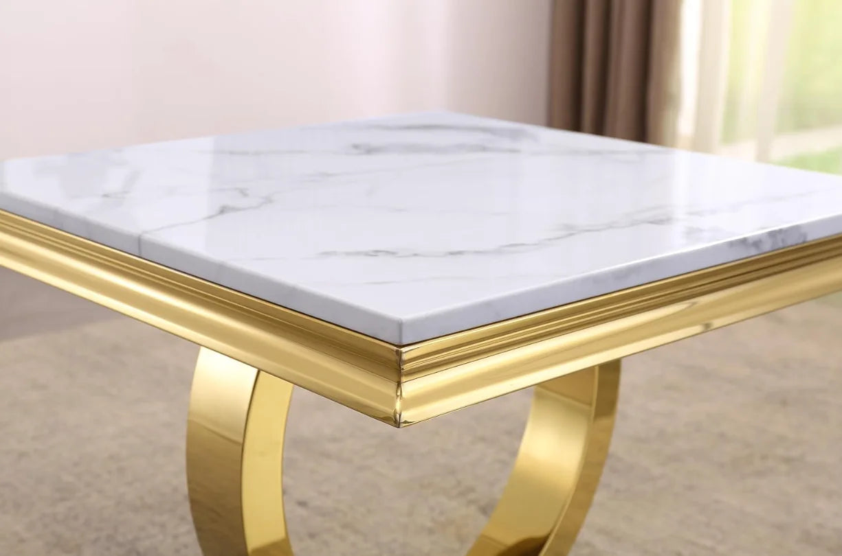 White Marble Coffee Table with Mirrored Stainless Steel Metal Base, Rectangle Faux Marble Top Coffee Table Center Tea