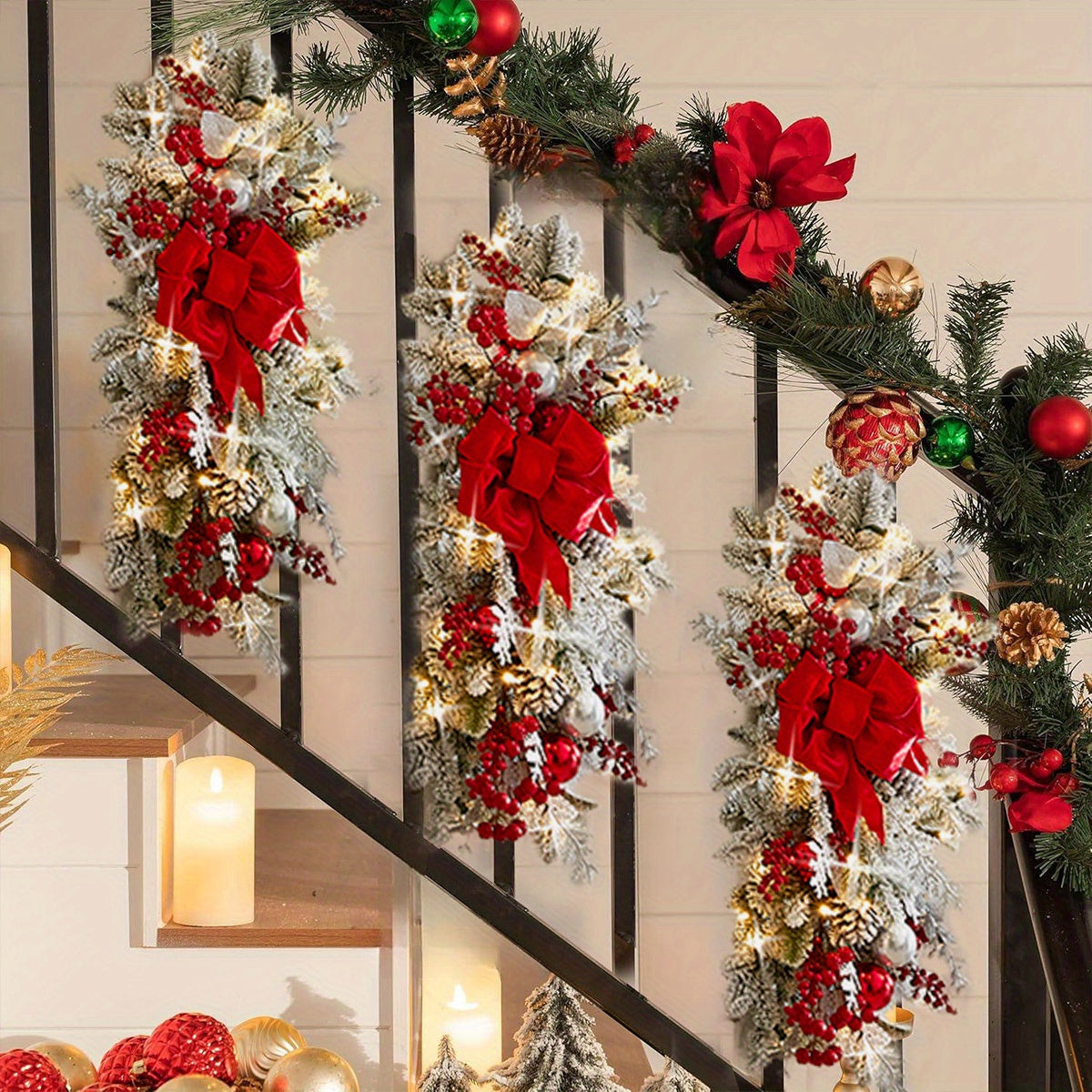 6Pcs Pre-Lit Stairway Christmas Swags Christmas Staircase Decorations Artificial Stairs Christmas Garland with Lights